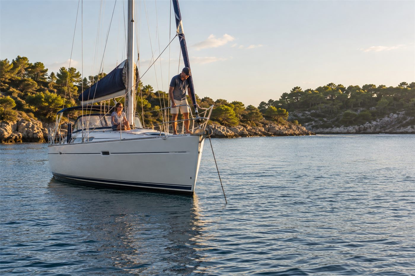 Ankerlieger – Segelyacht vor Anker in einer Bucht.