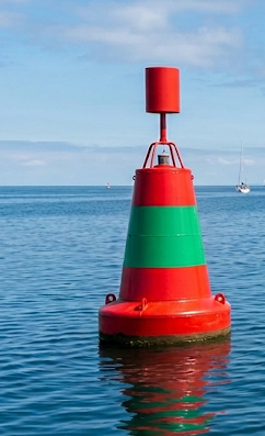 Abzweigungstonne rot-grün-rot, Hauptfahrwasser an Steuerbord, KI-generierte Illustration